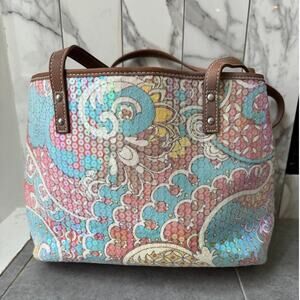 Nine West Sequin Paisley Tote Bag | Boho Print | Brown Faux Leather Handles